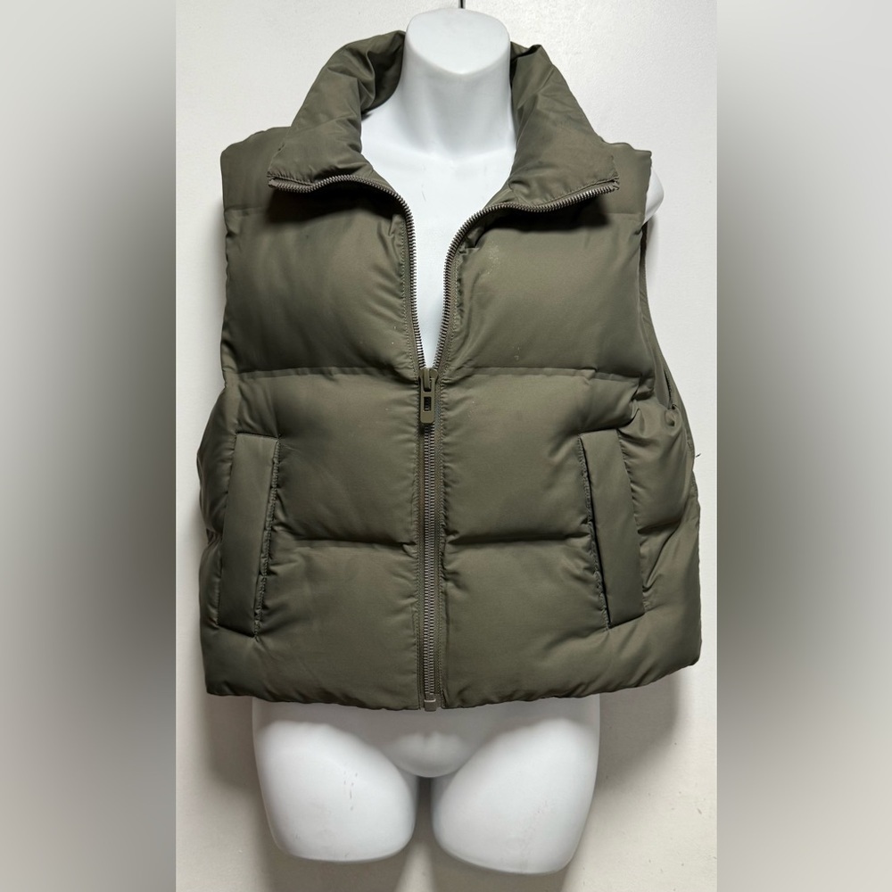 Zara Regular Fit Puffer Vest in a khaki or olive green color.  size XS